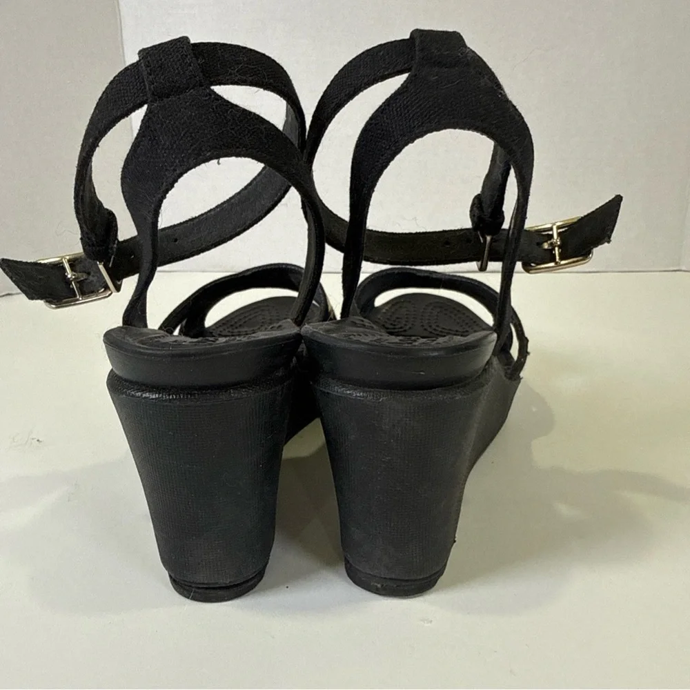 Crocs Women Size 6 Leigh II Metalblock Cross-Strap Ankle Wedge Sandals Black - Picture 7 of 11